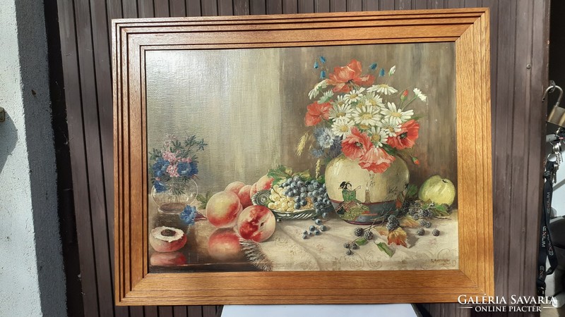 G. Massiczek  Olaj-fa asztali virág-gyümölcs csendélet festmény