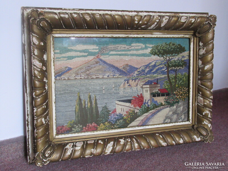 Antique tapestry, Italy, Bay of Naples with Vesuvius