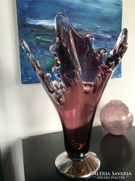 Very special handmade pink large glass vase with metal base (73)