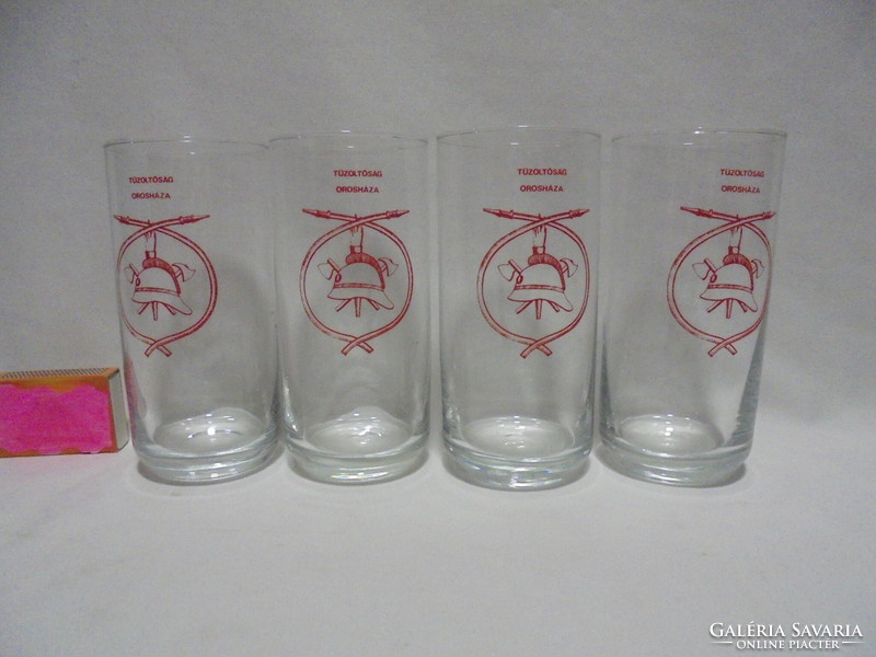 Négy darab retro emlék, reklám üveg pohár - együtt " Tűzoltóság Orosháza"