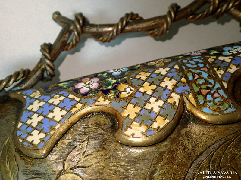 Régi antik meseszép SZECESSZIÓS réz fém TŰZZOMÁNCOS lábas füles kínáló tál zománcozott asztalközép