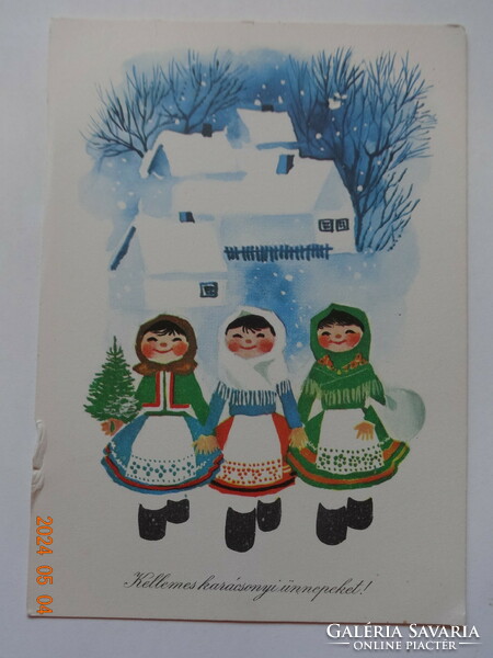 Old graphic New Year's greeting card, drawing by Károly Kecskeméty - postal clerk