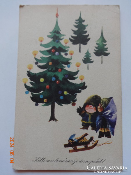 Régi grafikus karácsonyi üdvözlő képeslap: Szilas Győző rajz