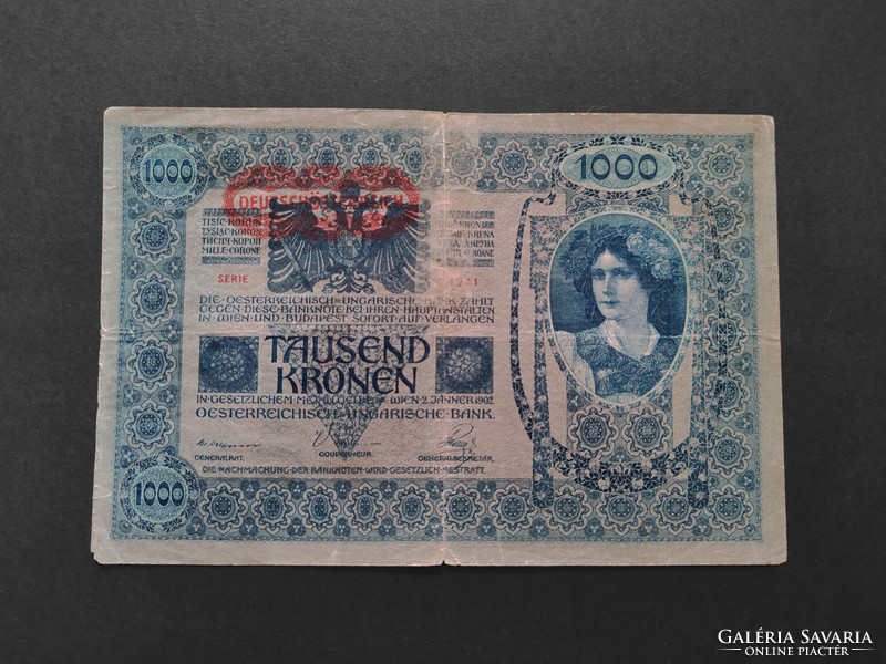 1000 Korona 1902, VG+, D.Ö. felülbélyegzés