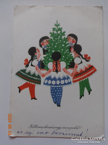 Old graphic New Year greeting card, drawing by Károly Kecskeméty