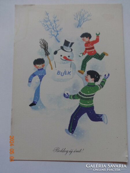 Régi grafikus újévi üdvözlő képeslap, Kecskeméty Károly rajz