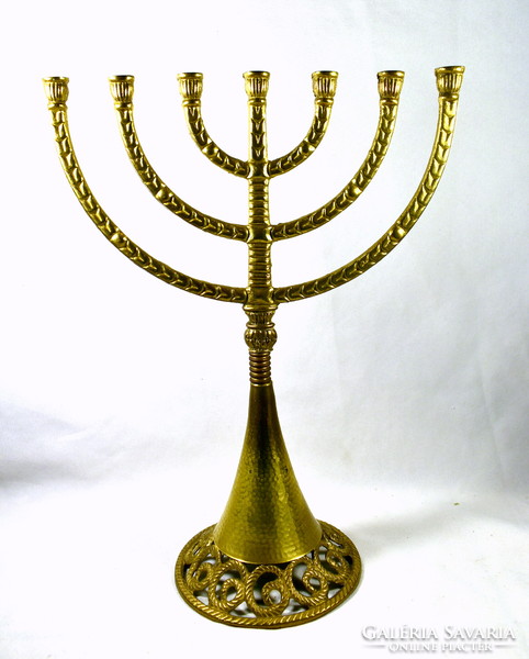 Large copper menorah with a decorative openwork pattern base - Judaica candle holder