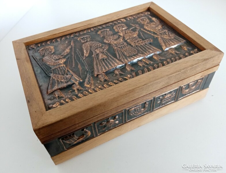 A convex, scene-decorated wooden box