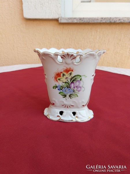Herend small vase with openwork mouth and base, floral, oval shape, 12x11 cm, perfect..