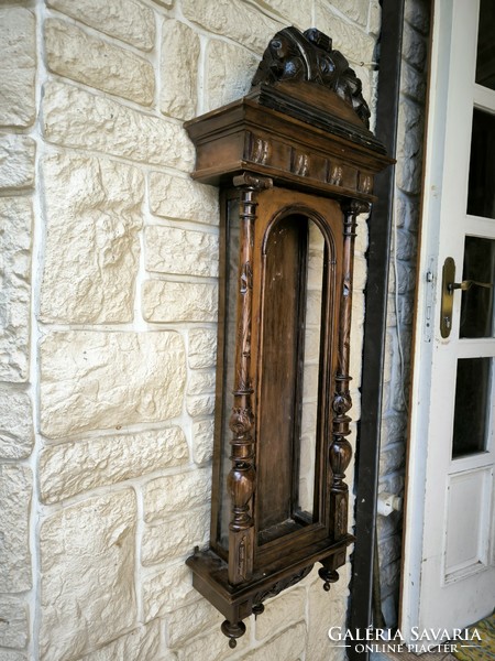 Antique richly carved wall clock box 1,2,3 weight structure showcase key holder, relic, statue holder