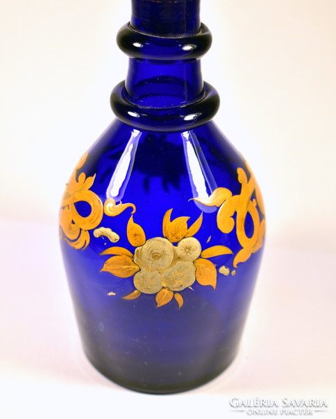 Antique Biedermeier painted blue glass liquor bottle with polished stopper