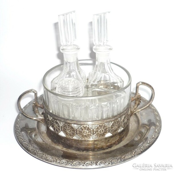 Antique table spice holder, silver-plated holder crystal inlays