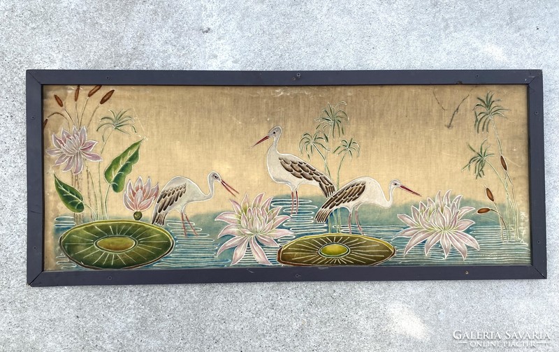 Stork and water lily antique secession marked Japanese needlework in a wooden frame 117 x 48 cm