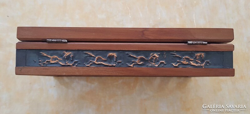 Wooden box with red copper inlay (with foals)