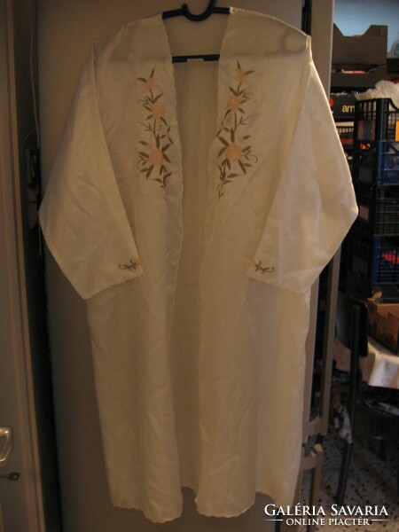 White silk kimono robe with embroidered flower branches