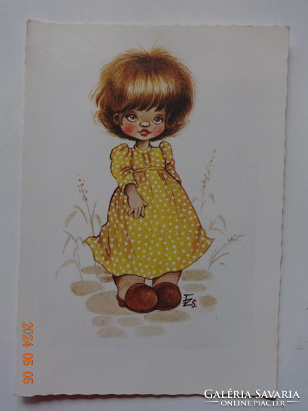 Old graphic greeting card, postal clean - drawing by Zsuzsa Füzesi