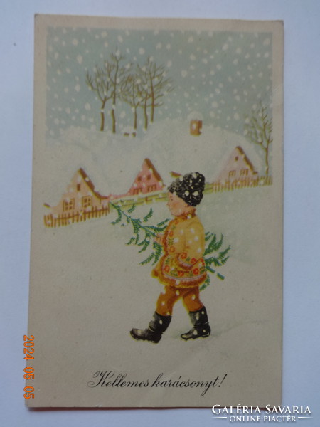 Régi grafikus karácsonyi üdvözlő képeslap, Boór Vera rajz