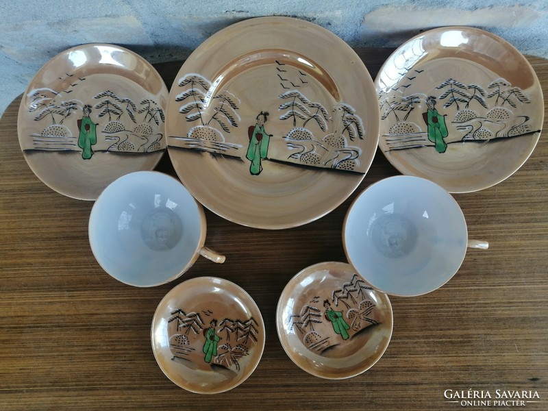 Kézi festésű tojáshéj porcelán csésze,  csészealátét, csészetető, süteményes tányér, gésa dekorral