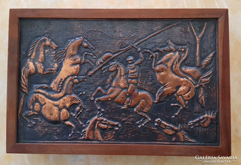 Wooden box with red copper inlay (with foals)