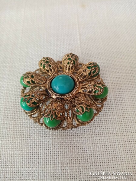 Antique copper brooch / pin - with blue and green stones 4.8 cm