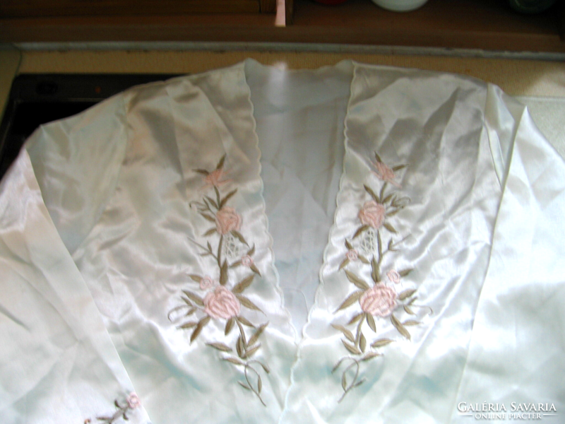 White silk kimono robe with embroidered flower branches