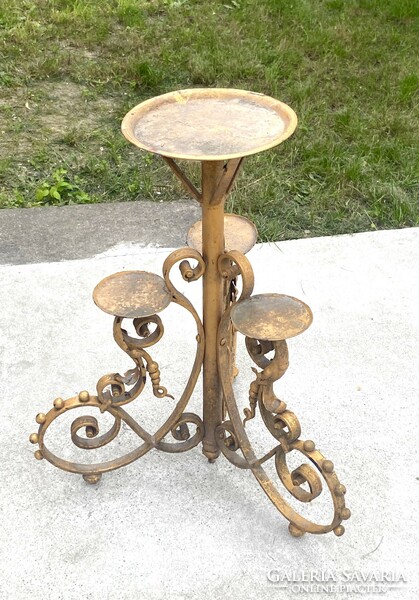 Antique wrought iron 3-legged flower stand with mustard yellow paint