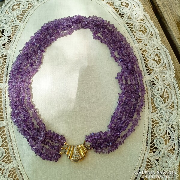 5-row natural amethyst necklace with gold-plated silver clasp