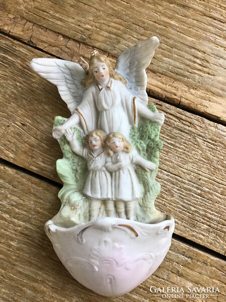 Antique angel biscuit porcelain wall holy water holder