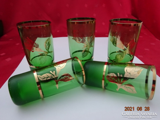 Green glass, brandy cup decorated with a golden rose. 5 pcs for sale together. He has!