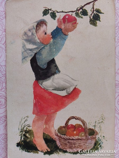 Old postcard style postcard with little girl picking apples