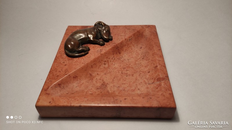 Bronze sleeping dachshund on a marble base business card holder from the 19th century