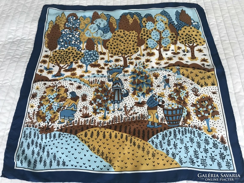 Vintage Jean Parel selyemkendő szüretelés mintával, 57 x 55 cm