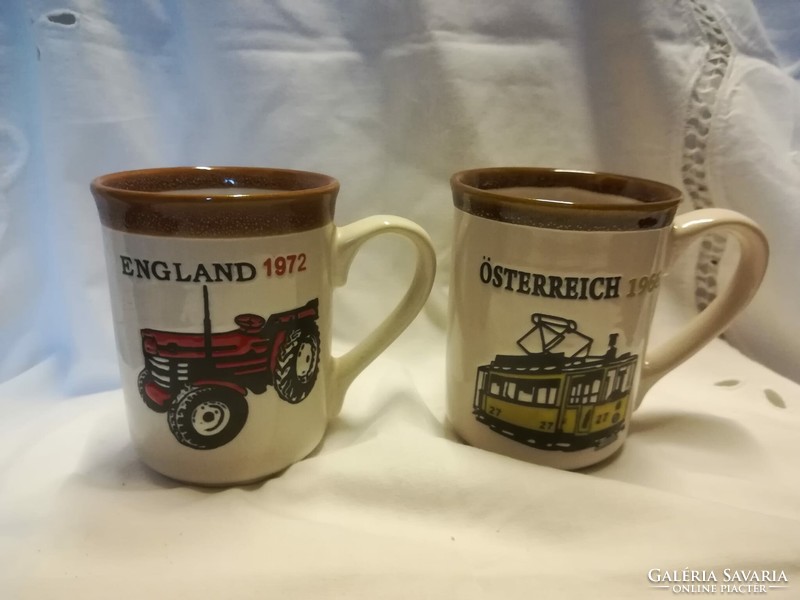 Glazed ceramic mug with a picture of old vehicles