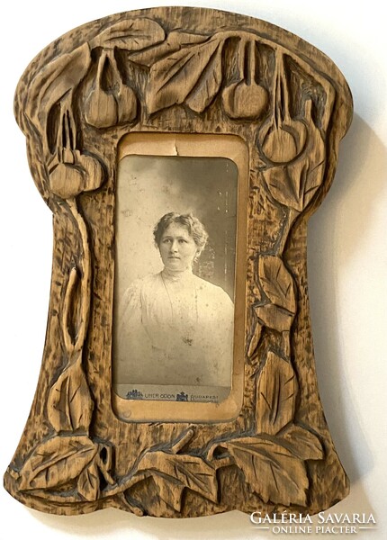 Antique art nouveau photo holder carved wood with cherry decoration 32 cm