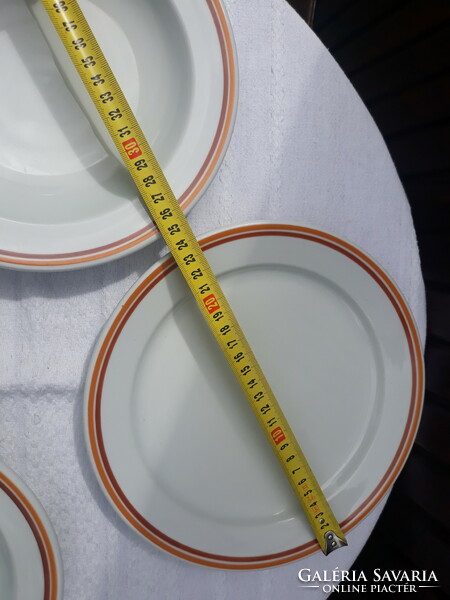 3 Lowland porcelain flat and deep plates with yellow and brown stripes