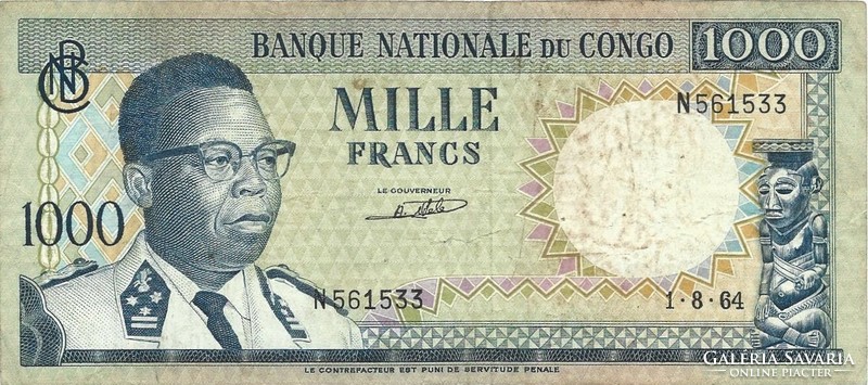 1000 frank francs 1964 Kongó Nagyon ritka Nem perforált!