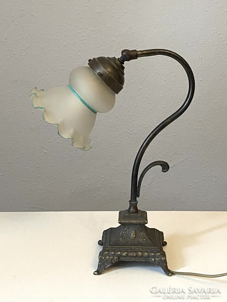 Antique metal table lamp with a romantic frilled glass shade 33 cm
