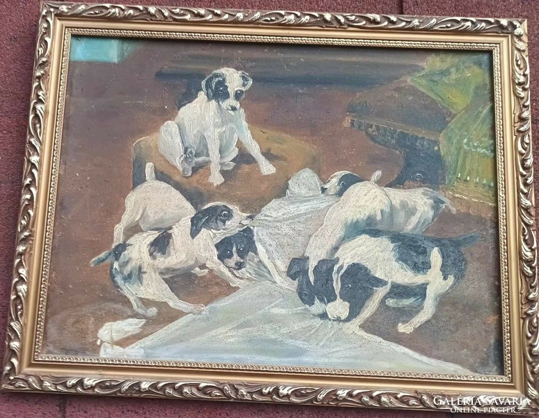 Antique painting - oil / cardboard - playing dogs