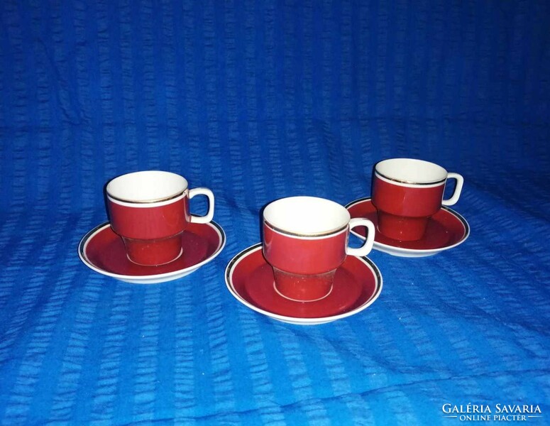 Hollóházi porcelán bordó kávéscsésze alátéttel 3 személyes (A16)