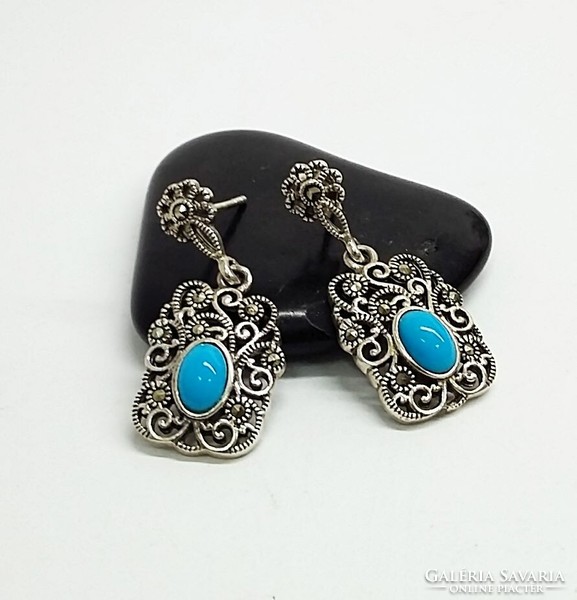 Silver dangling earrings with turquoise and marcasite stones