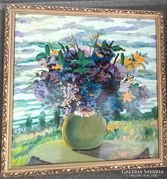 Gábor Zoltán Turök - flower still life outdoors - oil / wood painting