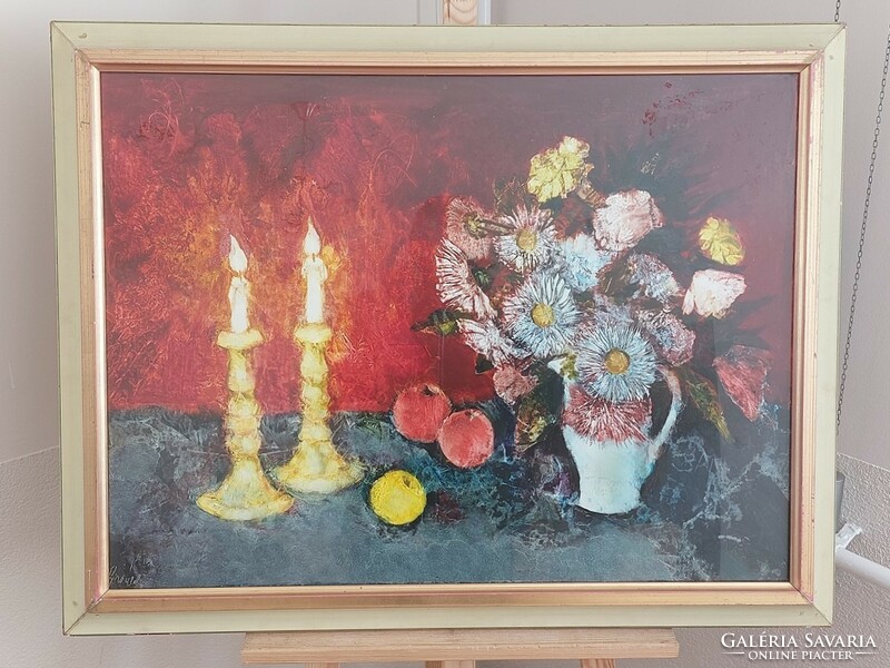 (K) Izsák József szép képcsarnokos csendélet festménye 90x70 cm kerettel