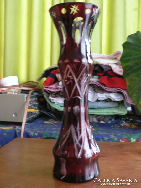 Burgundy cut crystal vase