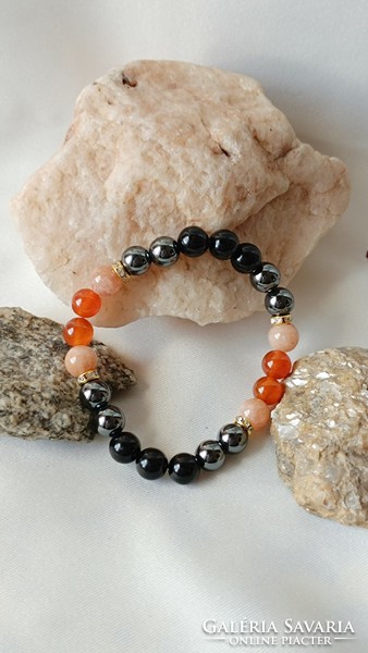 Sunstone - carnelian - obsidian - hematite bracelet