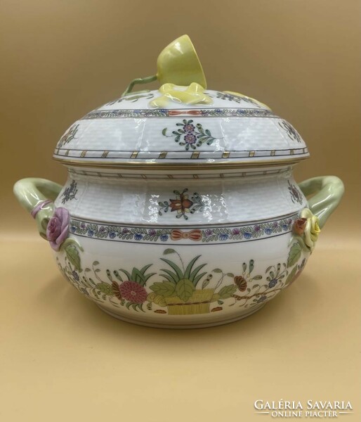 Herend colorful Indian flower basket pattern soup bowl with lemon holder