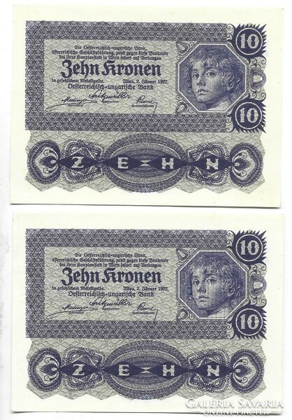 2 x 10 korona kronen 1922 Ausztria UNC sorszámkövető pár