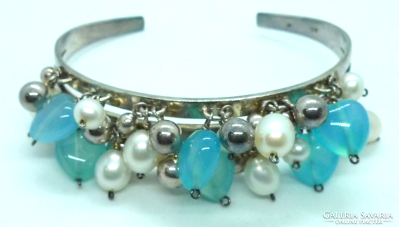 Hungarian hallmark bracelet decorated with silver bangle beads, turquoise blue heart gems