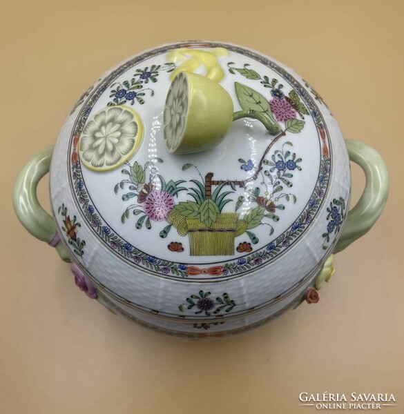 Herend colorful Indian flower basket pattern soup bowl with lemon holder