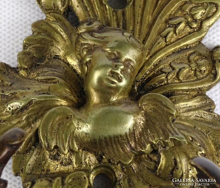 1R375 Antik angyalos kétágú bronz gyertyás falikar párban
