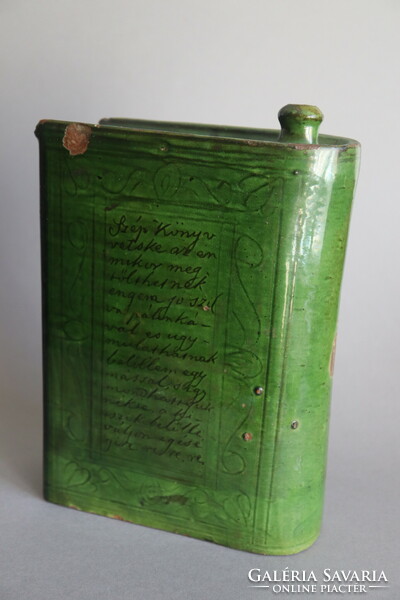 Southern Great Plains verse book-shaped green glazed brandy bottle 1860 Gyula